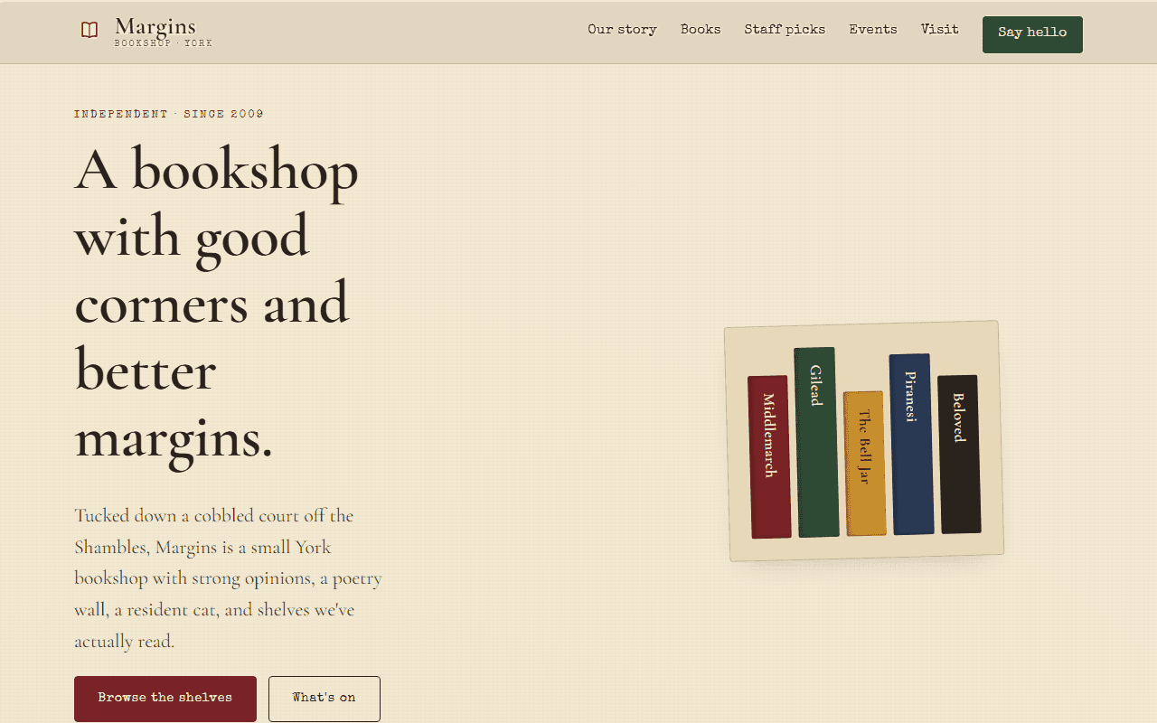 Margins Bookshop website screenshot