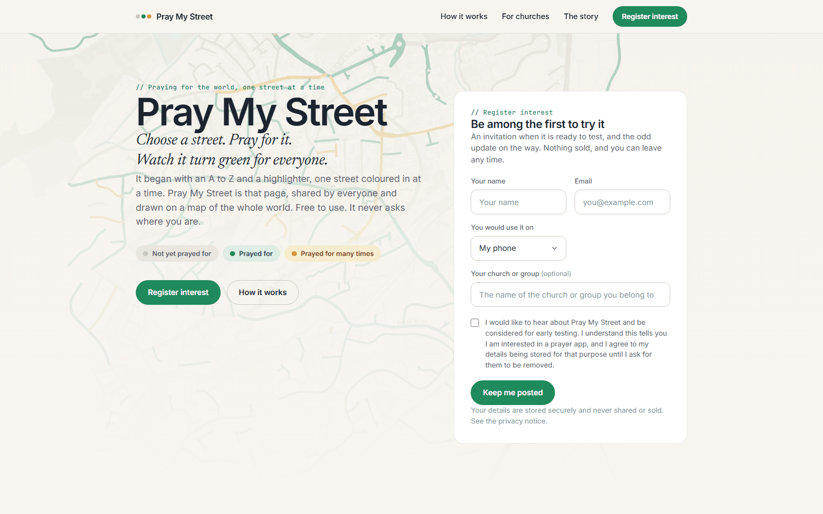 Pray My Street web platform screenshot